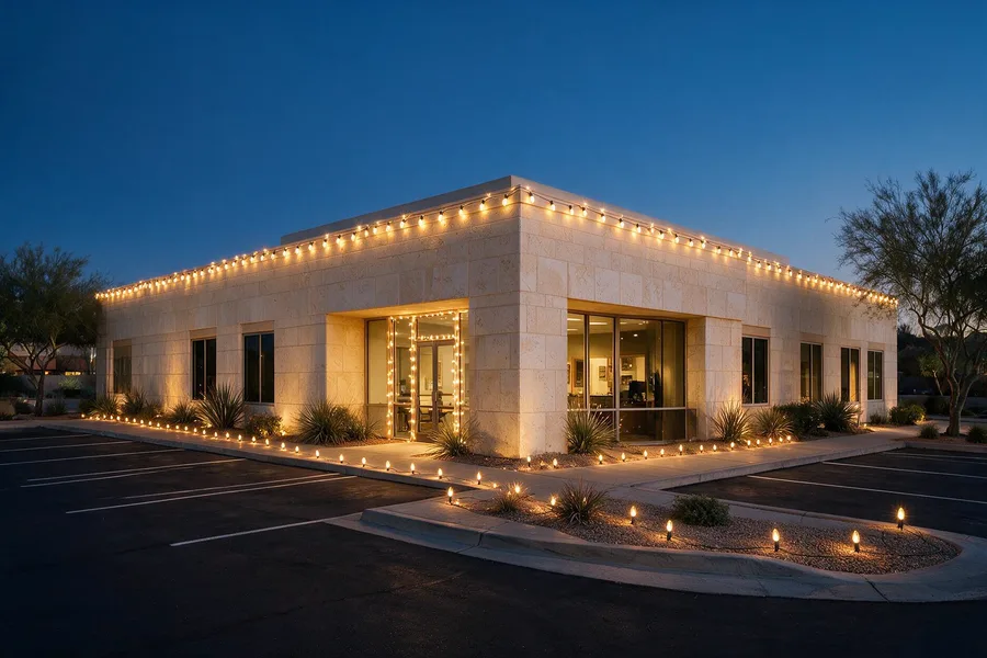 Classic white holiday lighting on a small office building