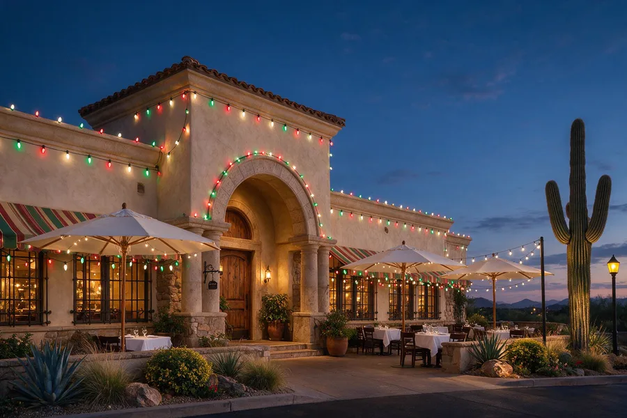 Restaurant storefront with holiday lighting