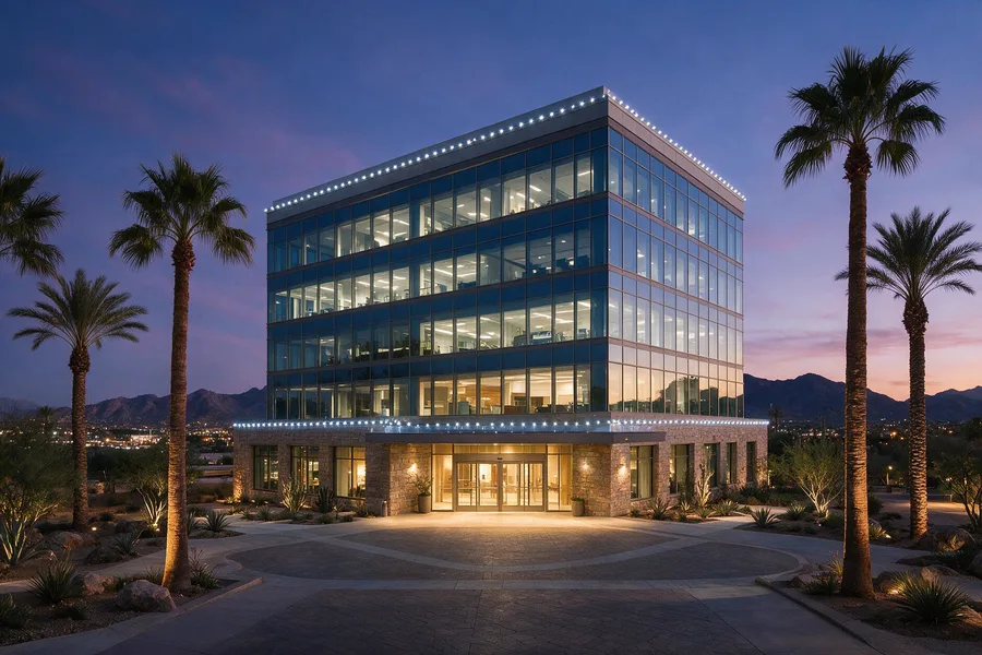 Pure white architectural lighting on a commercial office tower