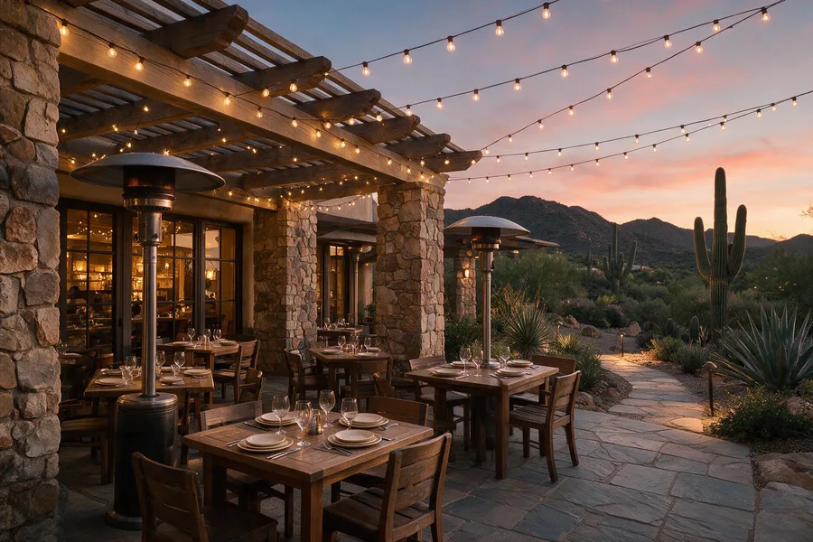 Bistro string lighting over a restaurant outdoor patio