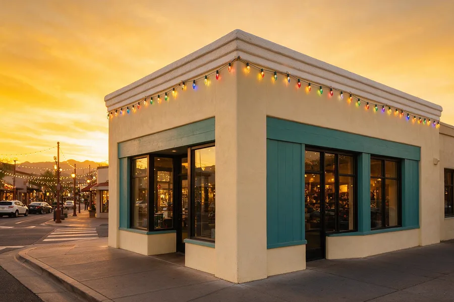 Multicolor holiday lighting on a downtown retail building