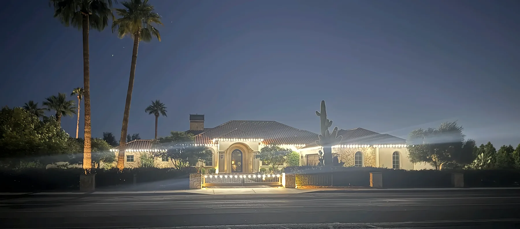 White C9 roofline on an estate behind tall palm trees