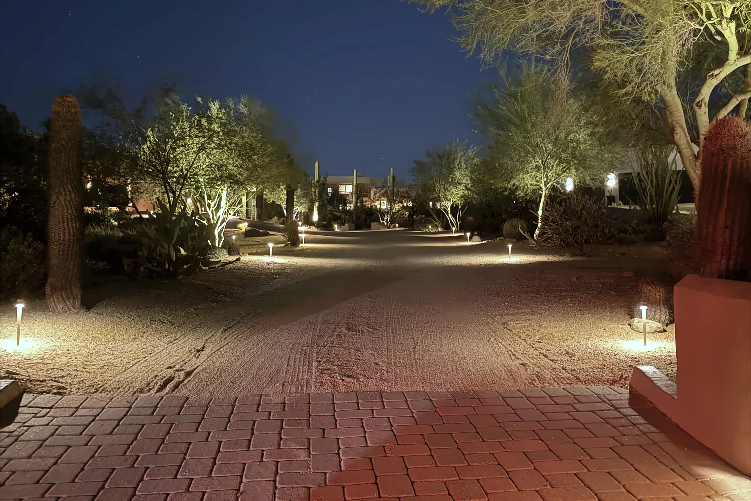 Path lights along a brick paver driveway with uplit trees