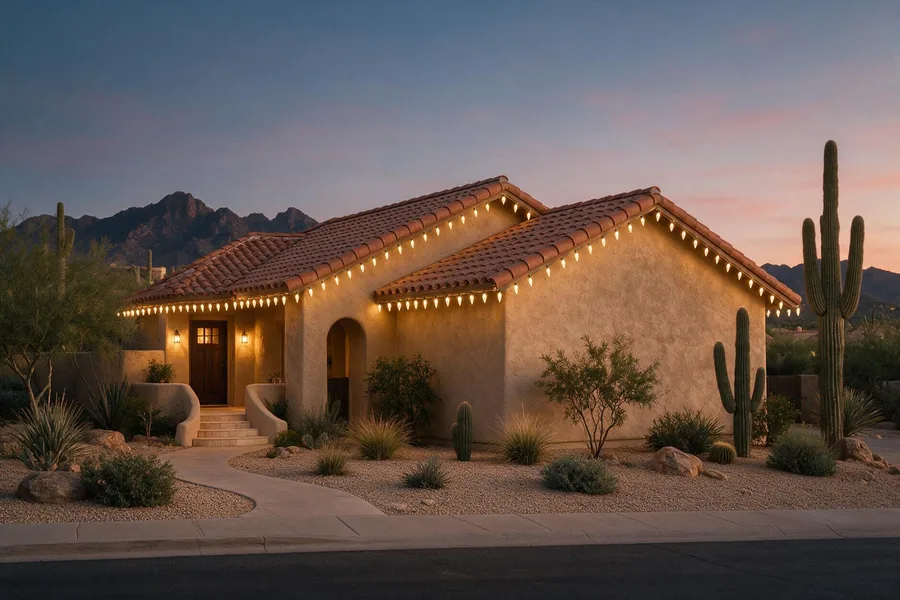 Simple classic white roofline lighting on a modest home