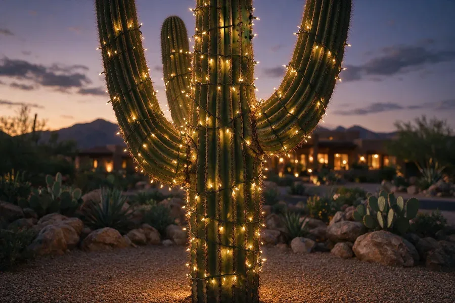 String lights spiral-wrapped around a saguaro cactus