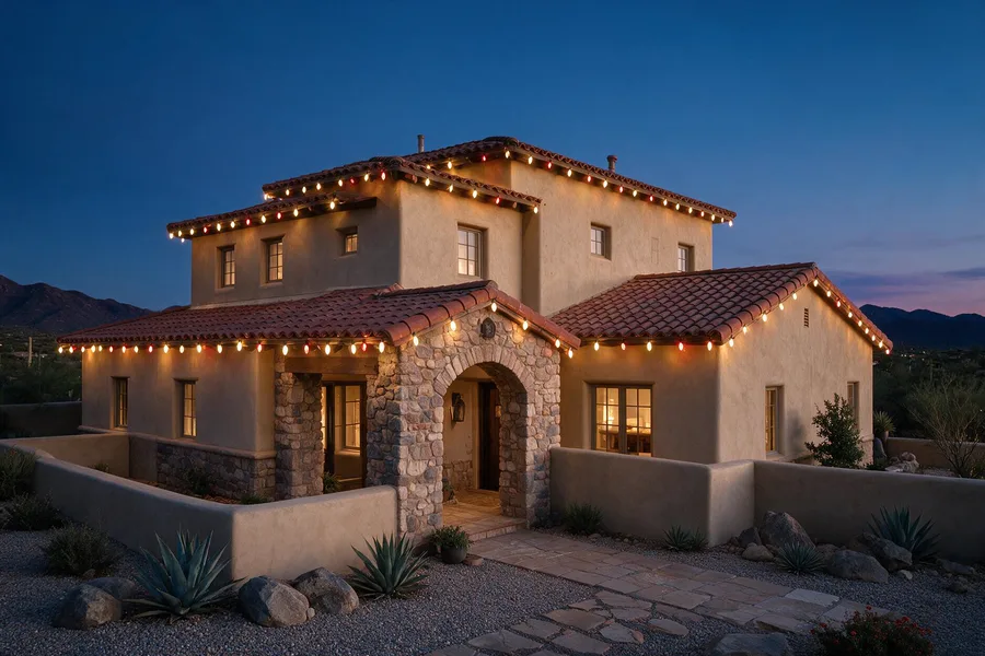 White and red holiday roofline and walkway lighting