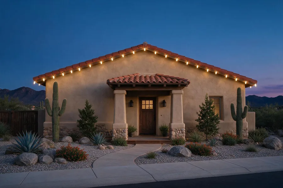 Minimalist single-line roofline lighting on a modest home