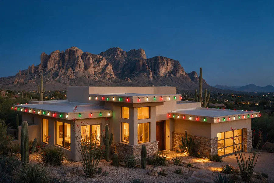 Red white and green holiday roofline lighting