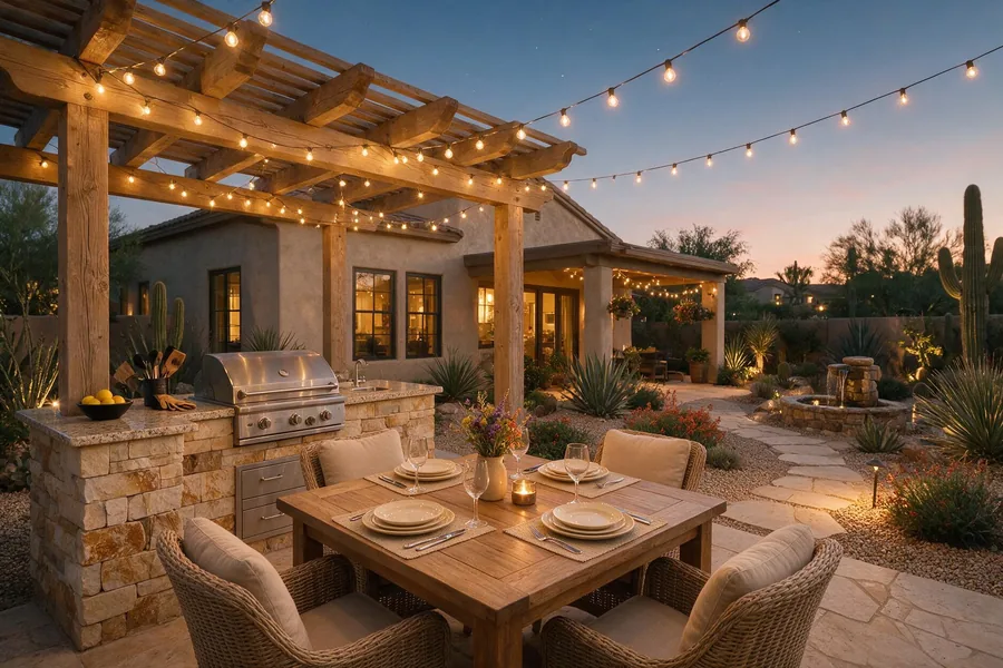 Bistro string lights over an outdoor kitchen pergola