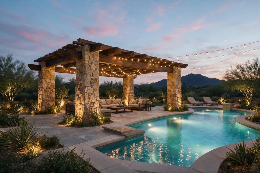 Bistro string lights over a poolside gazebo