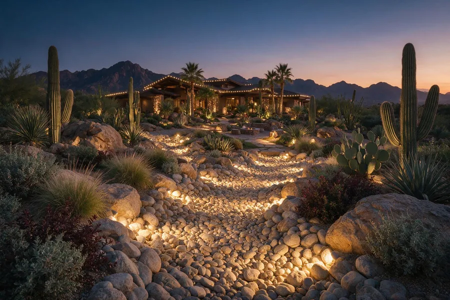 Accent lighting along a dry river rock-fill feature