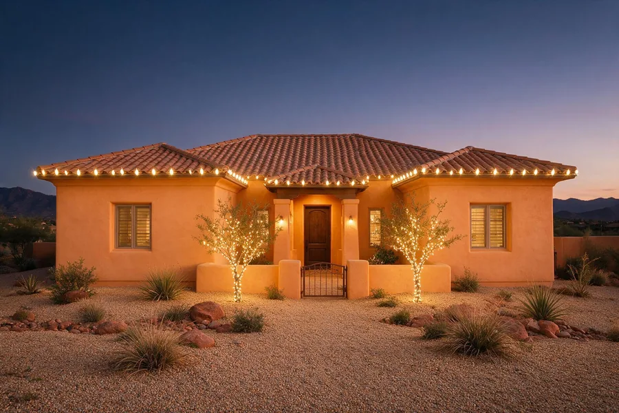 Modest home with roofline lighting and tree-wrap accents