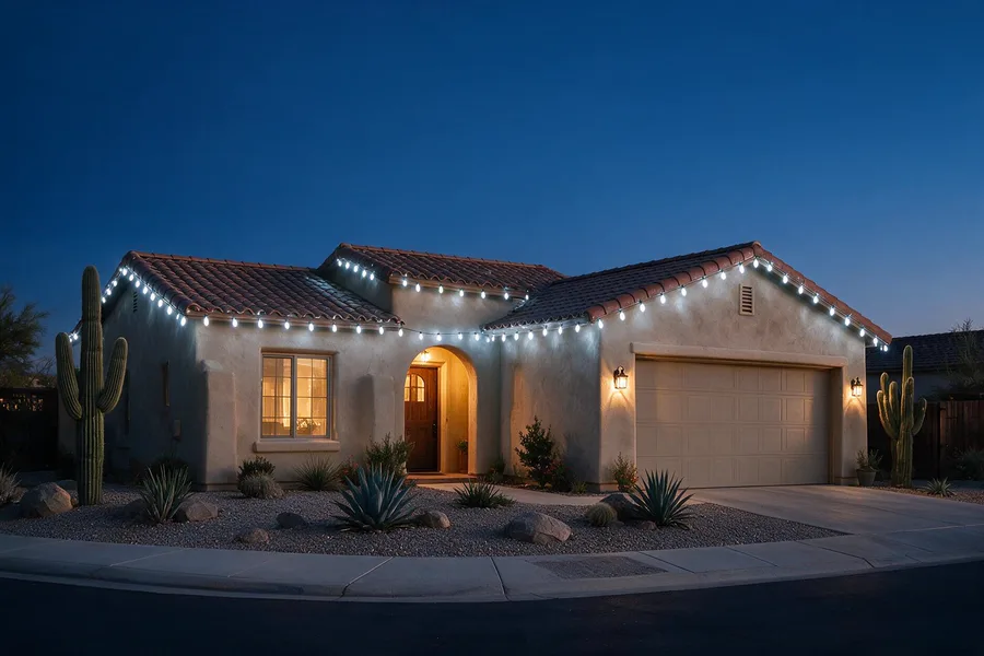 Pure white roofline lighting on a modest desert home