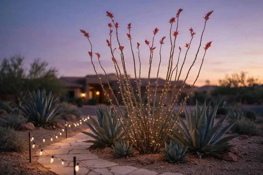 String lights wrapped through ocotillo stalks along a walkway