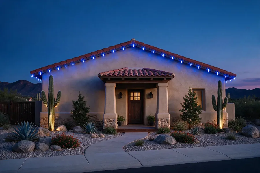 All-blue Hanukkah C9 roofline lighting on a desert home