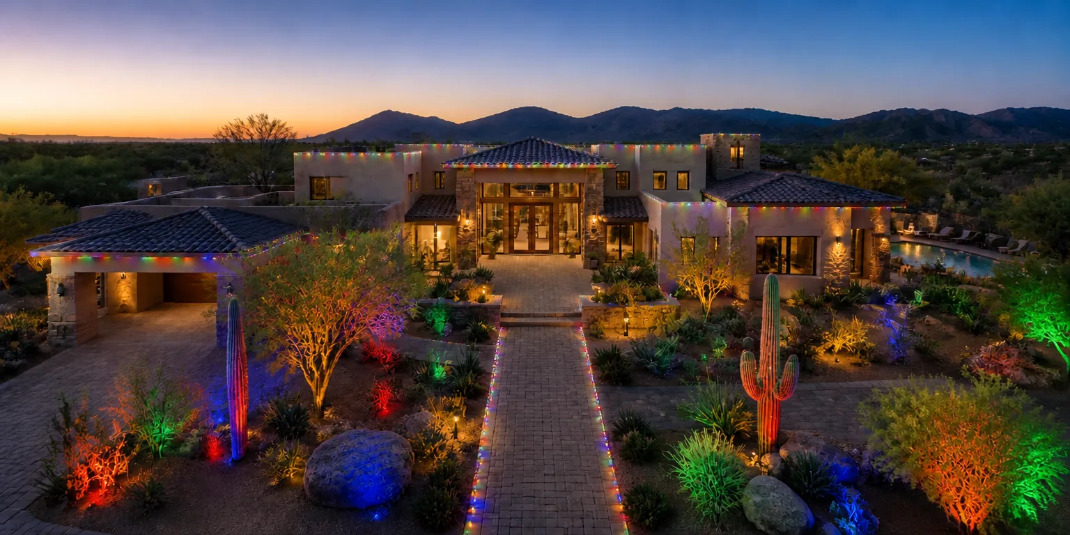 Bold multicolor C9 holiday lighting at dusk