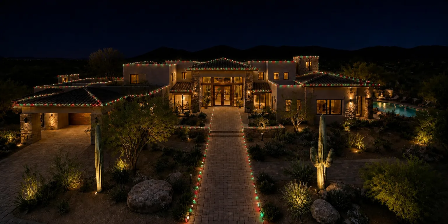 Red, white, and green C9 holiday lighting at night