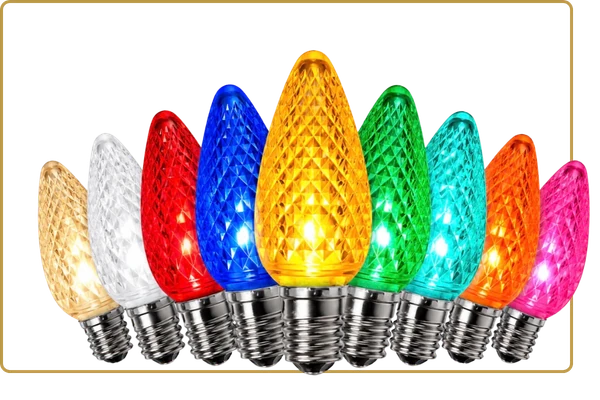 C9 LED holiday bulbs in warm white, pure white, red, blue, amber, green, teal, orange, and pink