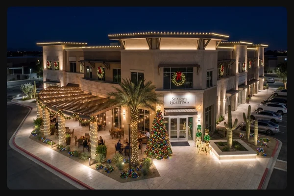 Commercial retail center in Phoenix lit with holiday roofline and tree lighting